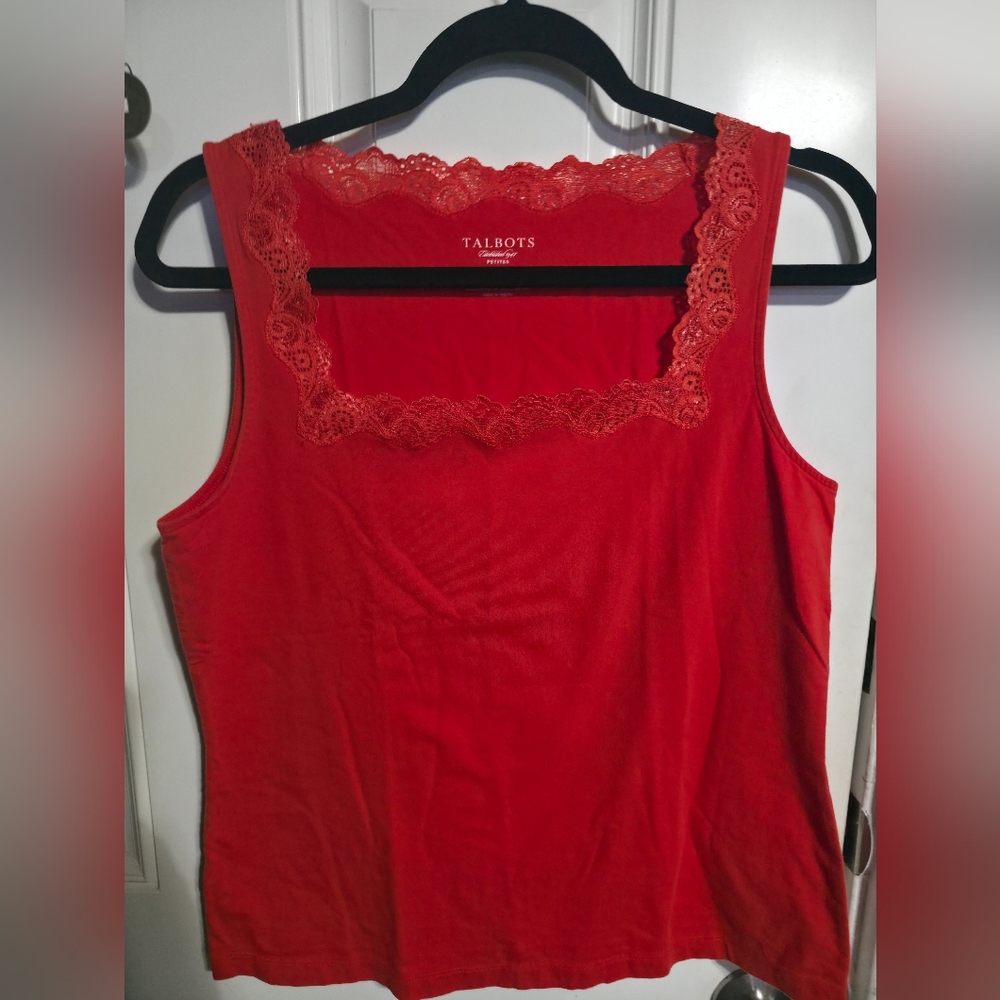 Talbots Orange Lace Trim Square Neck Sleeveless Jersey Tank Top Petites Size L